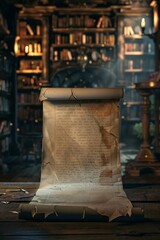 An ancient scroll held open, with a softly blurred background of a fantasy library filled with bookshelves and mystical artifacts. 