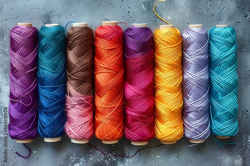 Poster vibrant array of colorful yarn spools on a textured surface