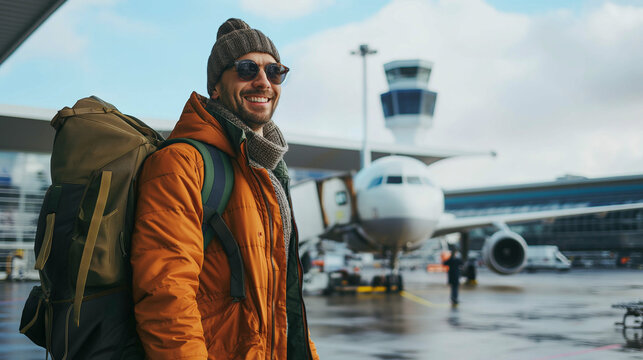 In den Urlaub als Bagpacker verreisen Fernweh Motiv von Person am Flughafen mit Blick in die Ferne Generative AI