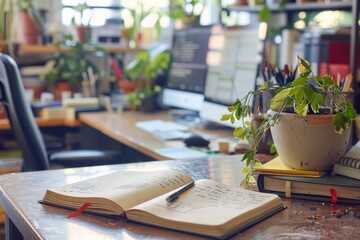 Fototapeta premium An open notebook with handwritten notes and a pen lying beside it, against a softly focused backdrop of a workspace with art supplies, and potted plants.