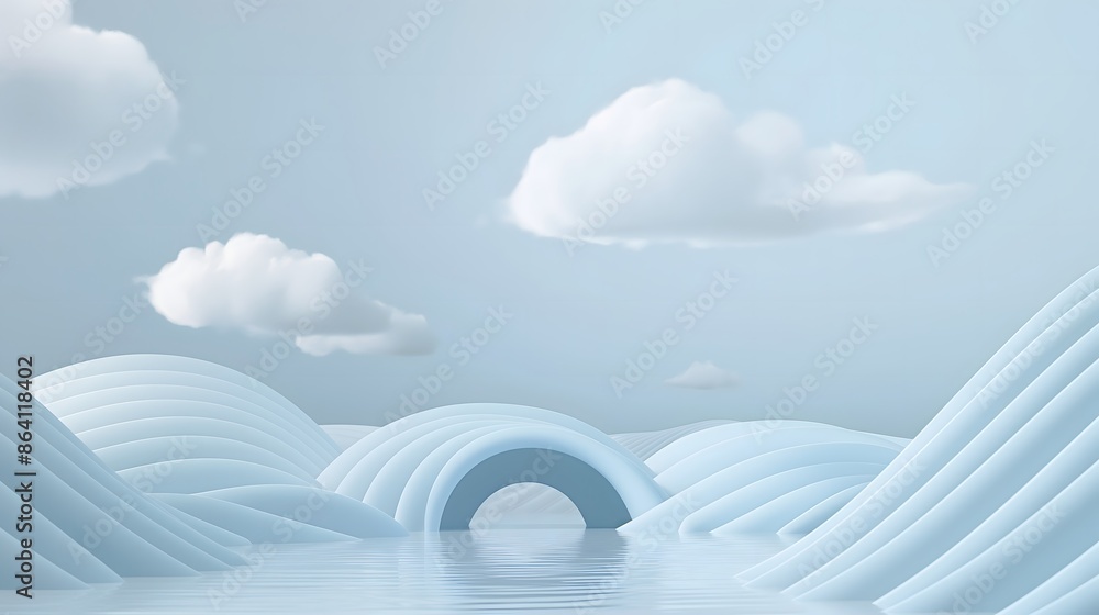 Poster 1. Create a serene 3D render of an abstract, minimalistic landscape with a soft gradient background, featuring a tunnel from which gentle white clouds emerge, symbolizing tranquility and exploration.