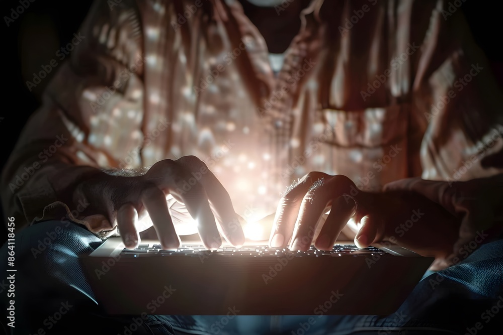 Poster mysterious figure typing on an illuminated keyboard in the dark