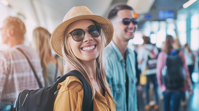 In den Urlaub als Bagpacker verreisen Fernweh Motiv von Person am Flughafen mit Blick in die Ferne Generative AI