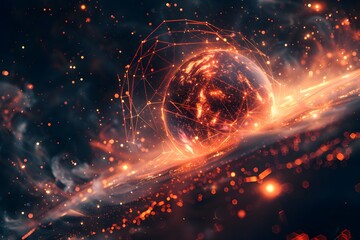 Obraz premium Futuristic Digital Sphere in a Fiery Cosmic Landscape