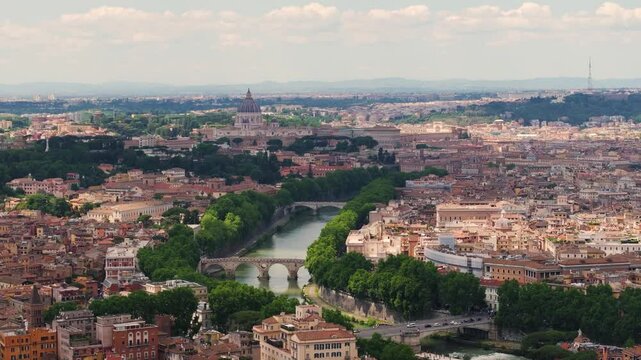 Birds Eye Aerial View Above Tiber River, Ponte Sisto and Vatican City in Background
