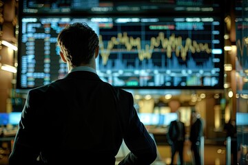 Fototapeta premium Businessman analyzing stock market data on multiple computer screens, tracking financial trends, investments, and trading opportunities.