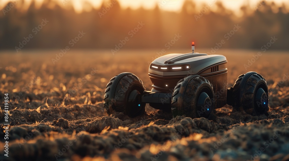 Poster autonomous robot working in a plowed field during sunset background. advanced precision agriculture,