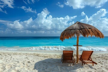Obraz premium Serene Beach Paradise with Lounge Chairs and Umbrella Overlooking Turquoise Waters