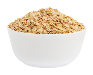 Dry oatmeal in a bowl isolated. Rolled oat  on white background close up.