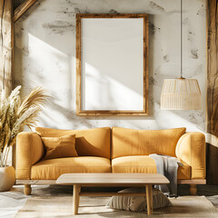 Cozy living room with a yellow sofa, wooden coffee table, and a blank picture frame on the wall. Natural light creates a warm atmosphere.