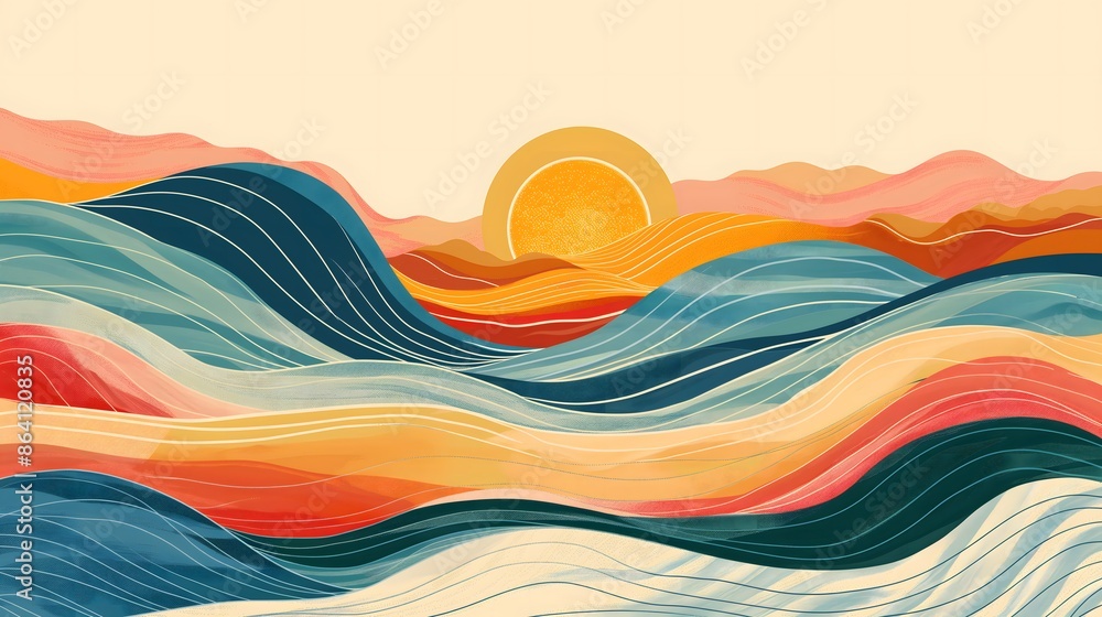 Poster 5. generate an engaging illustration of abstract, colorful waves arranged horizontally in a retro 60
