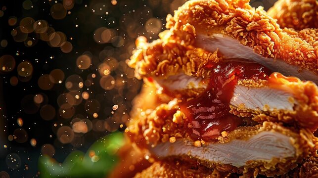 Crunchy fried chicken layered with sauce, with bokeh background, perfect for food blogs and culinary promotions.
