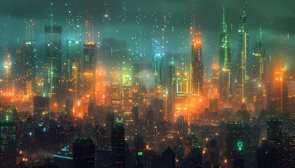 IoT Cityscape, view of US metropolises with skyscrapers adorned with glowing IoT symbols, smart city infrastructure enhances urban living. 