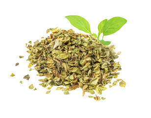 Dried Oregano herbs isolated on white background. Pile of chopped oregano or Majoram plant with fresh leaf close up. Tasty Spice for pizza..