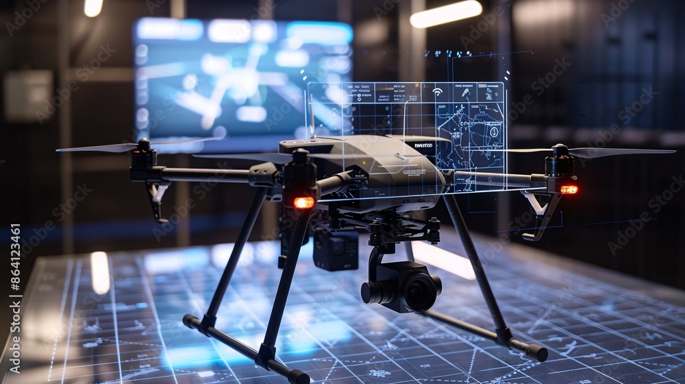 Poster a high-definition image of a surveillance drone with a holographic interface, showcasing the integra