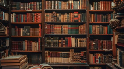 A well-stocked bookshelf filled with bound volumes in a library