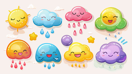 Japanese kawaii weather characters with cheerful expressions, on white background