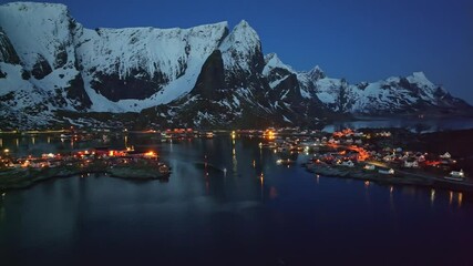 Aerial view of Lofoten Islands beautiful landscape during winter
