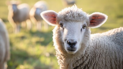 Close-up of a sheep in a green pasture background. Farm animal, wool production, peaceful rural scene.