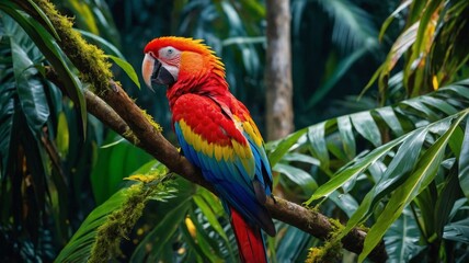 Red macaw on a branch, tropical forest in the background, wildlife concept.