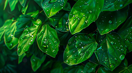 Fototapeta premium Close-up of green leaves with water droplets, creating a fresh and natural look with a sense of tranquility and renewal
