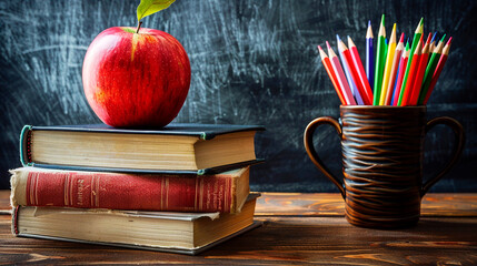A stack of vintage books with an apple on top, next to a mug filled with colorful pencils against a chalkboard background, symbolizing education and back to school