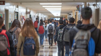 High school students walking in a busy hallway