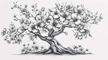 Monochrome sketch of a tree with floral decorations, on white background