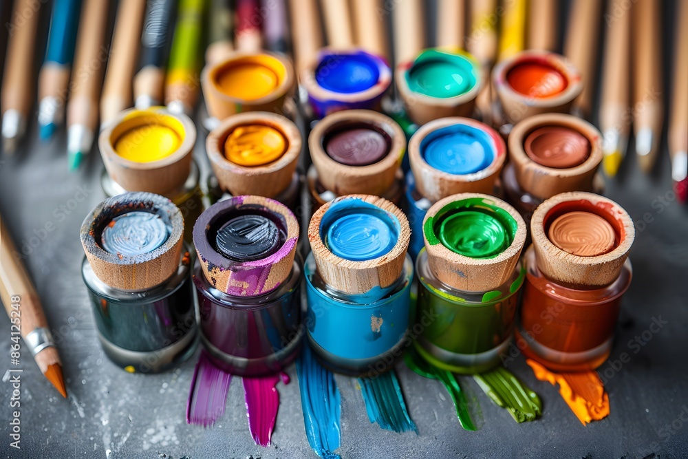 Poster vibrant array of paint jars and brushes ready for artistic creation