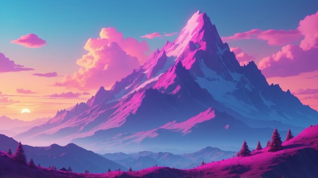 Vaporwave style background, landscape with mountains and sunset, retro background, 80s and 90s.
