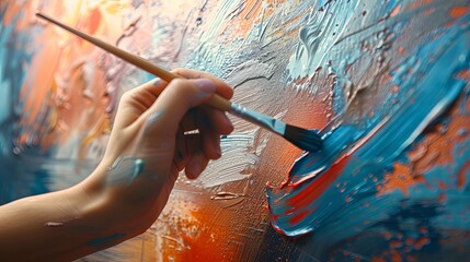 A hand is seen applying blue and red hues to a textured abstract art canvas, highlighting the dynamic interaction of colors and the artist's creative expression.