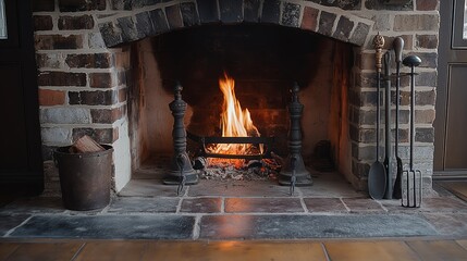 Cozy Fireplace with Crackling Fire in Rustic Brick Hearth