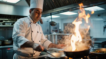 Chef cooking with flames in a professional kitchen