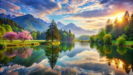 Obraz premium Majestic Mountain Lake at Sunset.