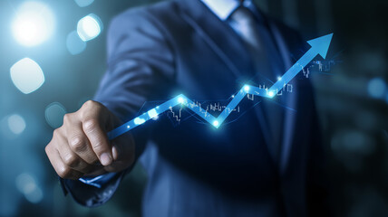 Business concept. Upward movement of investment stocks, up arrow hologram, Investment consultancy, invest your money in the right place, save your money