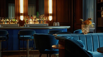 Elegant cocktail lounge with velvet seating and sleek bar