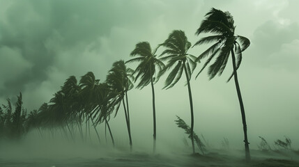 row of tall palm trees leaning dramatically in the wind, surrounded by thick mist and set against a cloudy, green-tinted sky. The scene is eerie and evokes a sense of a tropical storm or hurricane