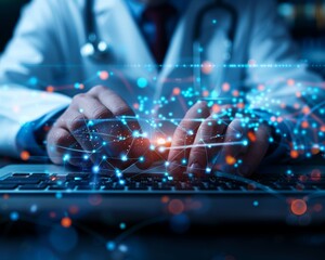 Doctor typing on laptop with futuristic digital interface overlay, symbolizing healthcare technology and modern medical advancements.