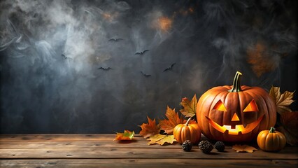 Jack-o'-lantern on Wooden Table with Foggy Background.