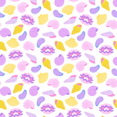 Childrens cute background. Various sea shells seamless pattern. Colorful marine shells vector illustration