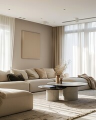 Fototapeta premium A living room with beige furniture and white curtains.
