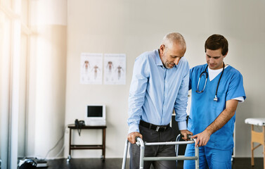 Physiotherapist, senior person and walking frame with help, balance or guide for steps in hospital....