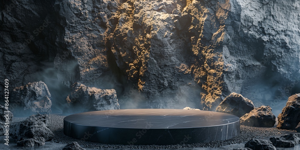 Poster a large, empty stone platform with a small, glowing rock in the center. the platform is surrounded b