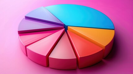 Obraz premium Colorful pie chart illustrating data distribution, presented with vibrant sections and modern design on a pink background.