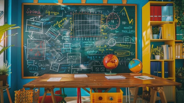 Colorful chalkboard classroom with equations and globes