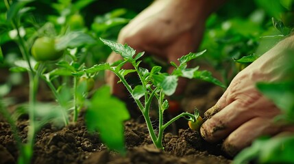 A person is planting tomatoes in the ground.