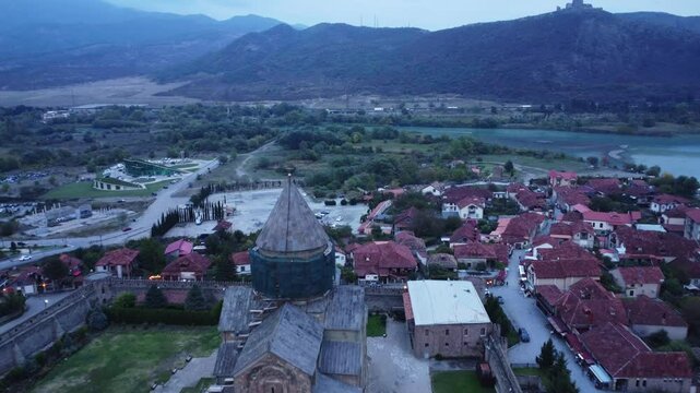 Little gorgian trouristic town with the church in renovation