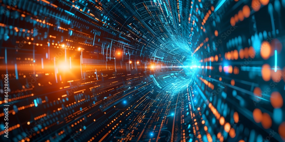Poster a computer generated image of a tunnel with a blue and orange glow. the tunnel is filled with many s