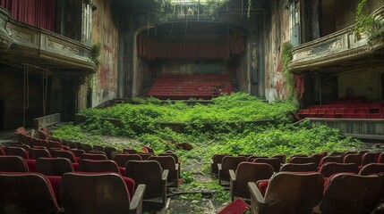 Abandoned Theater Overgrown with Lush Greenery and Red Seats