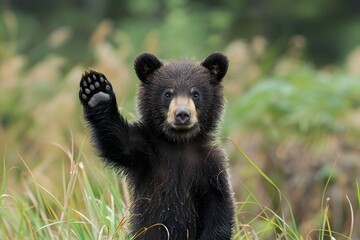 Fototapeta premium Adorable Bear Cub Waving in the Wild